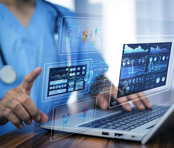 Clinician and laptop interface illustrating healthcare data strategy and digital planning.