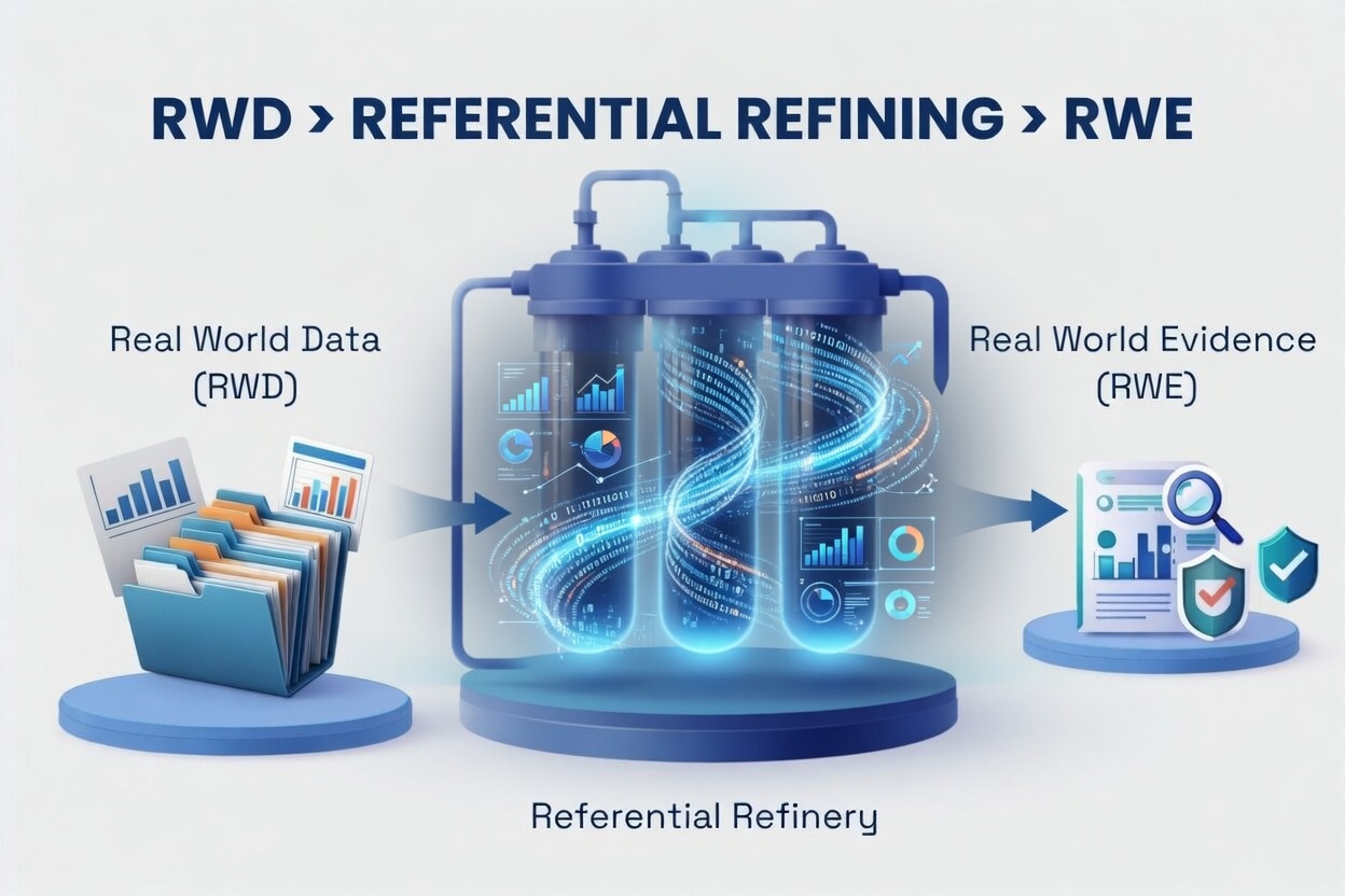 Referential data refinery model: fragmented source data flows through LYNQSYS refinement and governance into trusted downstream outputs.